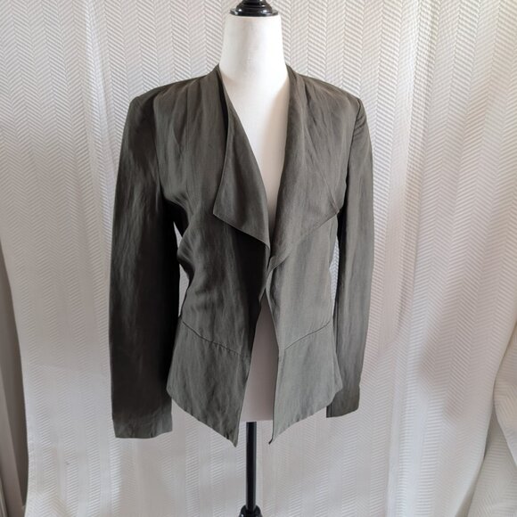 Melanie Lyne Olive Khaki linen silk open front lightweight blazer size 2 - Picture 1 of 11